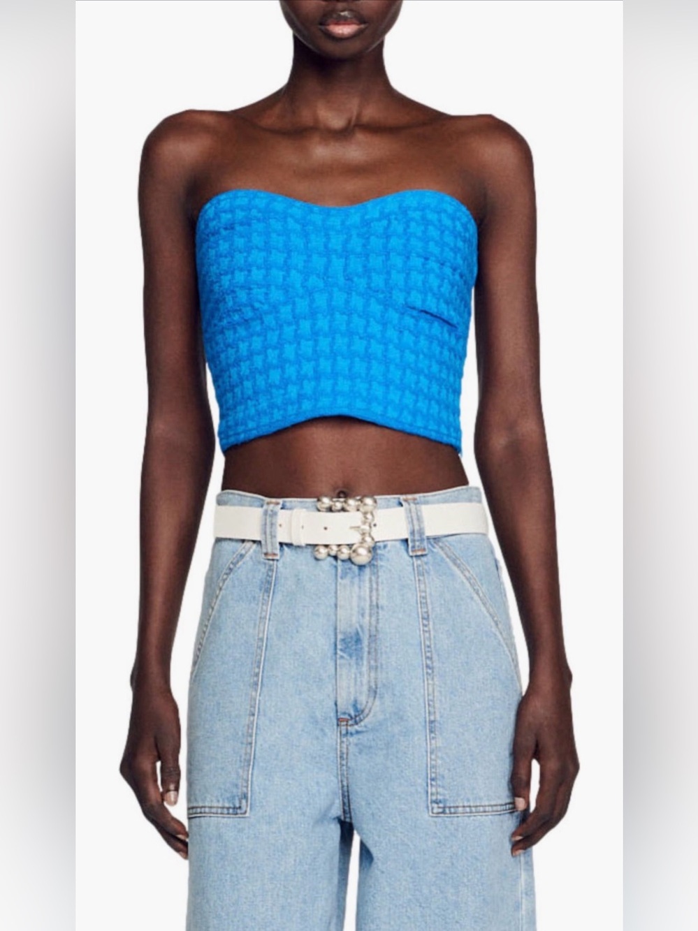 Sandro Varenne Knit Tube Top Bright Blue Textured Strapless Bandeau 4
